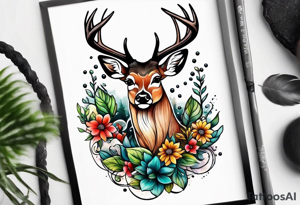 Deer bubbles plants tattoo idea