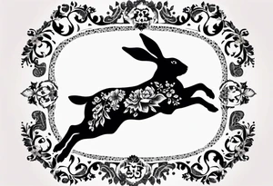 Leaping rabbit in a Victorian gothic floral frame tattoo idea
