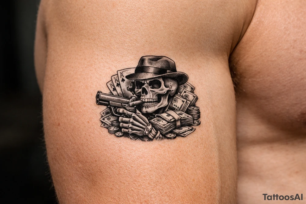 skull with gangster-hat,cigar in his mouth,gun in a skeleton-hand,playing cards,a lot of money. tattoo idea