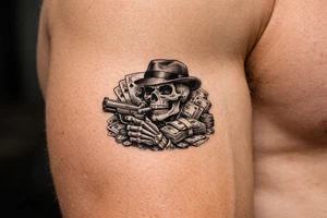 skull with gangster-hat,cigar in his mouth,gun in a skeleton-hand,playing cards,a lot of money. tattoo idea