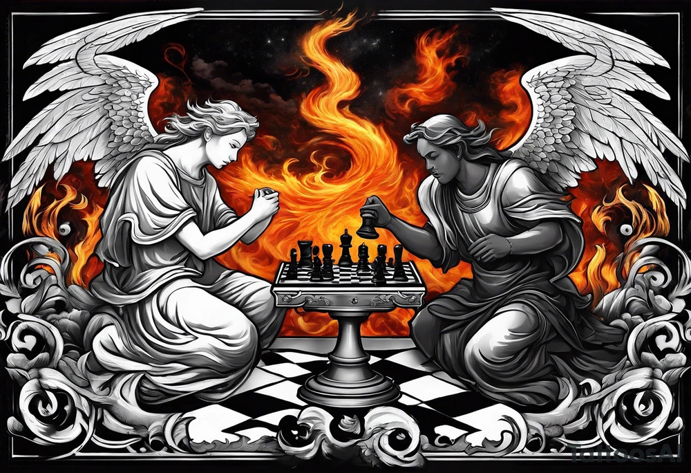Depict an angel and demon playing chess on a board that morphs from celestial clouds to fiery inferno, representing the merging of the spiritual realms in the eternal game tattoo idea