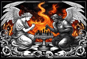 Depict an angel and demon playing chess on a board that morphs from celestial clouds to fiery inferno, representing the merging of the spiritual realms in the eternal game tattoo idea