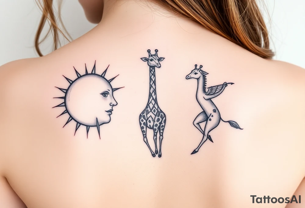 Gemini and sagittarius in a yin and yang theme, sun and moons with a giraffe tattoo idea