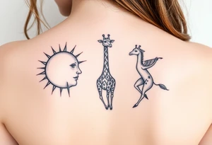 Gemini and sagittarius in a yin and yang theme, sun and moons with a giraffe tattoo idea