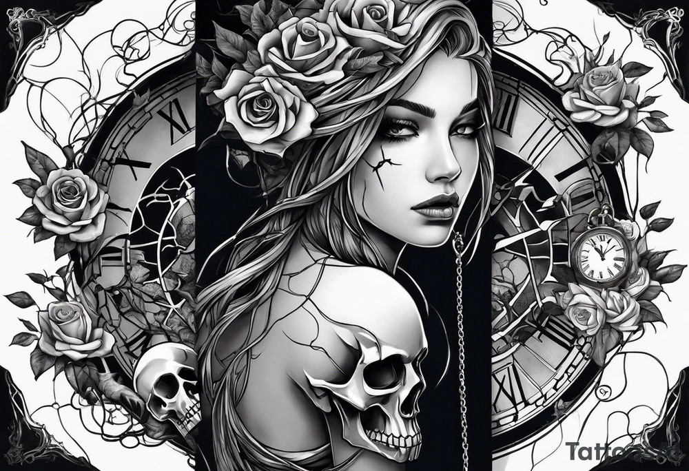 tattoo sleeve, tree roots break out of the chains at the bottom of the hand, Symbolizing loss, an image of a broken mask, Clock with flying numbers, girl, skull, roses tattoo idea