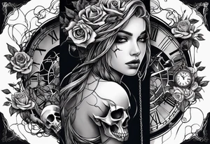 tattoo sleeve, tree roots break out of the chains at the bottom of the hand, Symbolizing loss, an image of a broken mask, Clock with flying numbers, girl, skull, roses tattoo idea