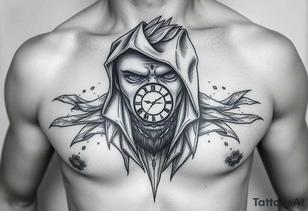 Un rostro masculino dividido en capas como una máscara que se rompe o se desvanece en viento o formas geométricas.

Dentro se ve un reloj o una brújula. tattoo idea