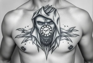 Un rostro masculino dividido en capas como una máscara que se rompe o se desvanece en viento o formas geométricas.

Dentro se ve un reloj o una brújula. tattoo idea