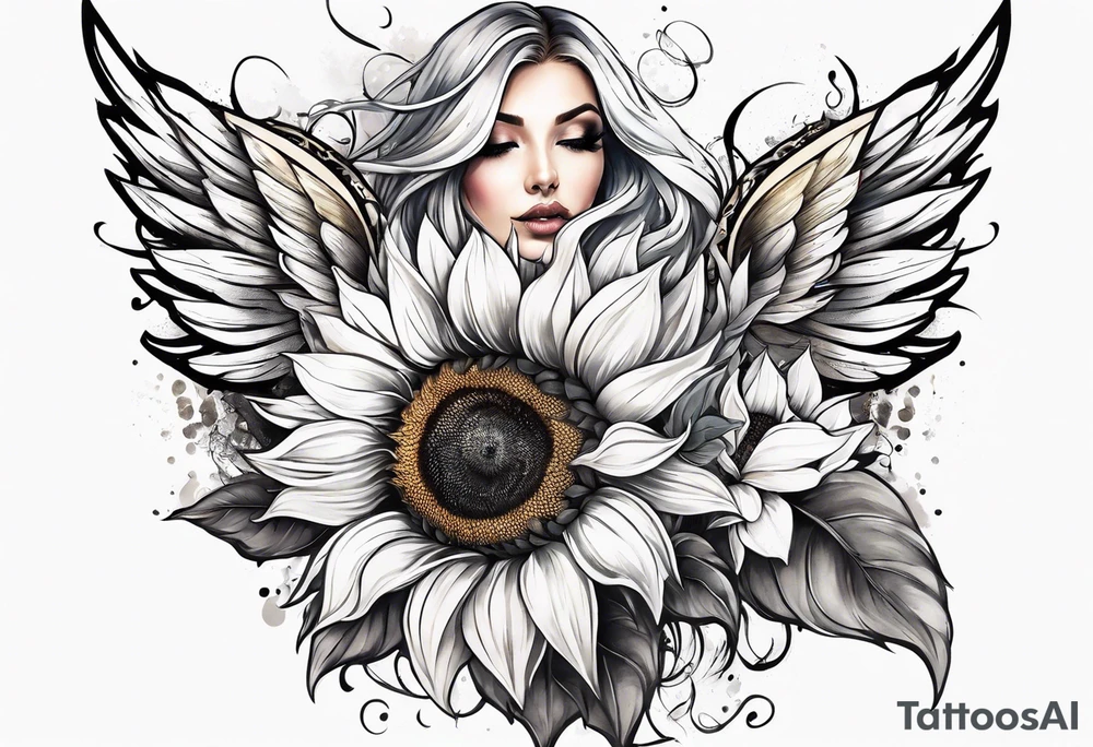 Sunflowers and angel wings leg sleeve tattoo idea