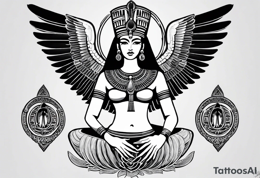 blank and white Egyptian goddess Isis, who is often depicted as a woman with outstretched wings, holding an ankh (a symbol of life) in one hand and a lotus flower in the other. Her headdress often includes a throne or a solar disk. The tattoo design can vary in style and size, but it typically aims to capture the essence of this revered Egyptian deity, emphasizing her beauty, power, and maternal qualities. The choice of colors and additional elements can also be customized to create a unique and visually striking representation of the goddess Isis tattoo idea