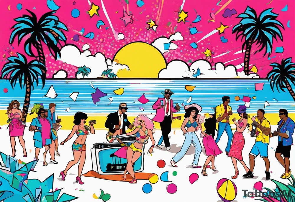 1980's miami vice style beach dance 
party, include confetti, music notes, boom box, bikinis tattoo idea
