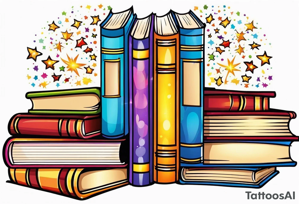 Books with sparkles and swirls tattoo idea