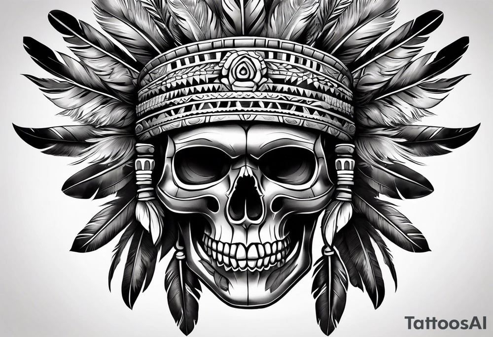 Aztec skull with feathers tattoo idea