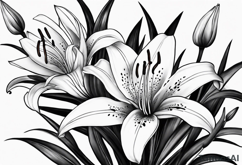 I'm looking for a tattoo design featuring tiger lilies with the initials 'SAC' incorporated into the stems. I envision a black and white style, sleek and minimalist, with clean lines and shading for depth.
Could you recreate this concept with your artistic touch? tattoo idea