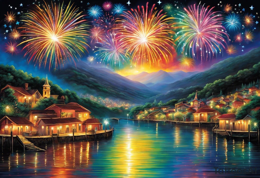Fireworks burst across the night sky, surrounded by glowing candles and stars, capturing the magic and nostalgia of Colombian December nights. The scene is vibrant with multi-colored lights and an air of celebration. Soft linework mist or halos around the fireworks adds a magical, dreamy quality to the scene. The tattoo reflects joy and tradition, with an emphasis on warmth and festivity. tattoo idea