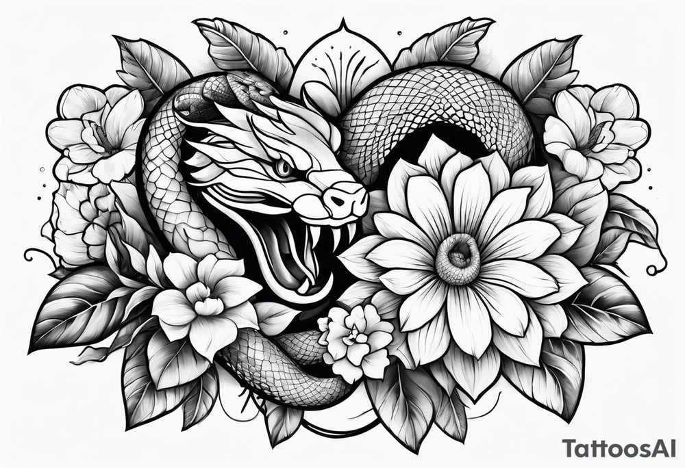 large thigh tattoo with a snake rapping around flowers tattoo idea