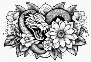 large thigh tattoo with a snake rapping around flowers tattoo idea
