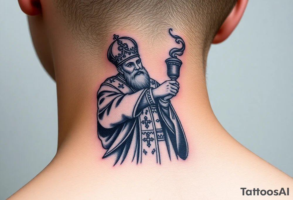 Russian Orthodox Priest in a fully detailed gold vestment swinging a censer with smoke curling upward tattoo idea