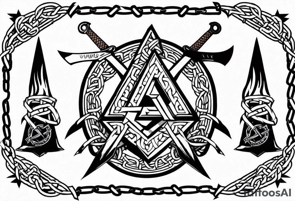 Valhalla sword shield axe barbed wire chains valknut fire tattoo idea