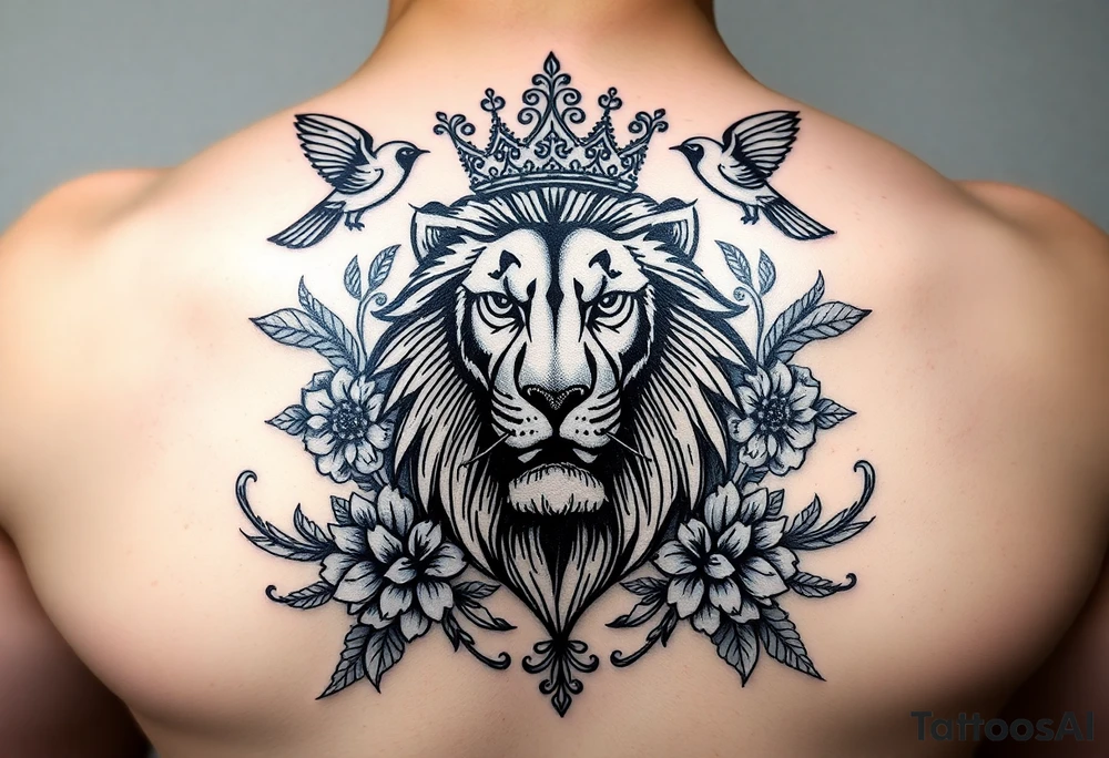 powerful majestic lion with a crown, surrounded by floral ornaments and birds tattoo idea