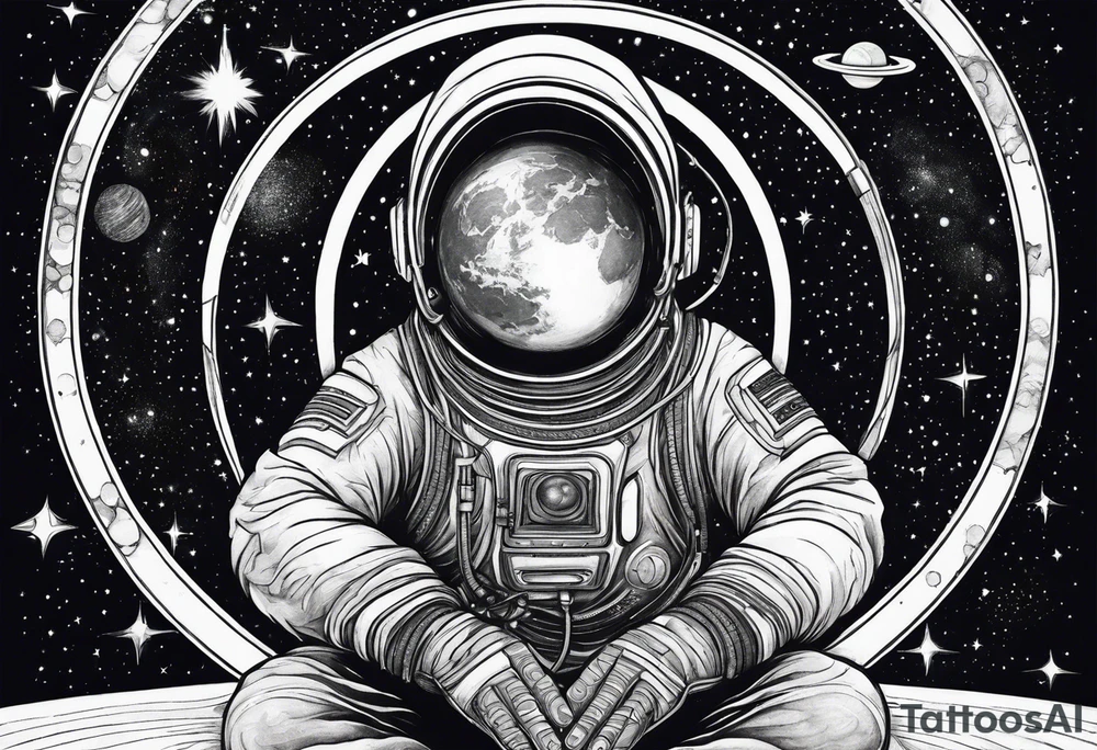 faceless human meditating in space among the stars and blackholes tattoo idea