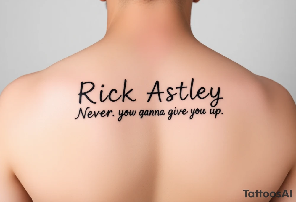 Rick Astley outline with text Never Gonna Give You Up tattoo idea