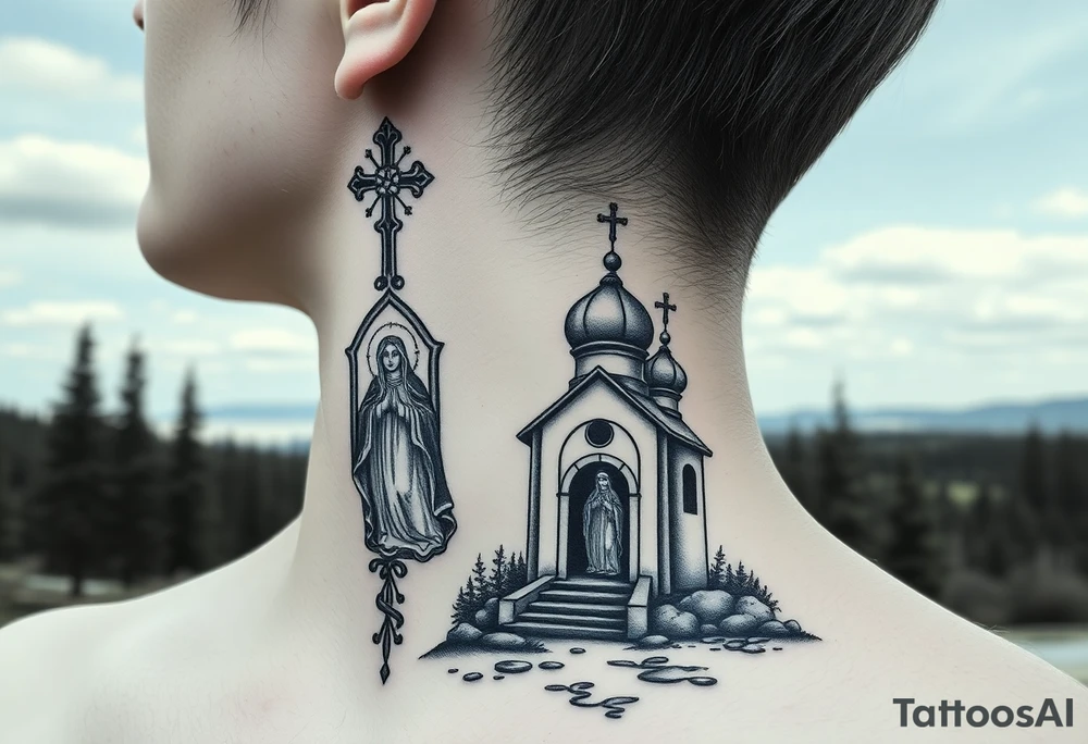 russian design traditional christian orthodox cross with a virgin mary stood beside the entrance of a russian orthodox dome church on the side of the neck in a wilderness setting with the design spread out the side of the neck tattoo idea