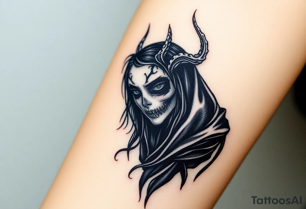 A chilling Hel, the half-dead Norse goddess of the underworld, her face split between lifelike beauty and skeletal darkness, draped in a tattered black cloak tattoo idea