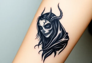 A chilling Hel, the half-dead Norse goddess of the underworld, her face split between lifelike beauty and skeletal darkness, draped in a tattered black cloak tattoo idea