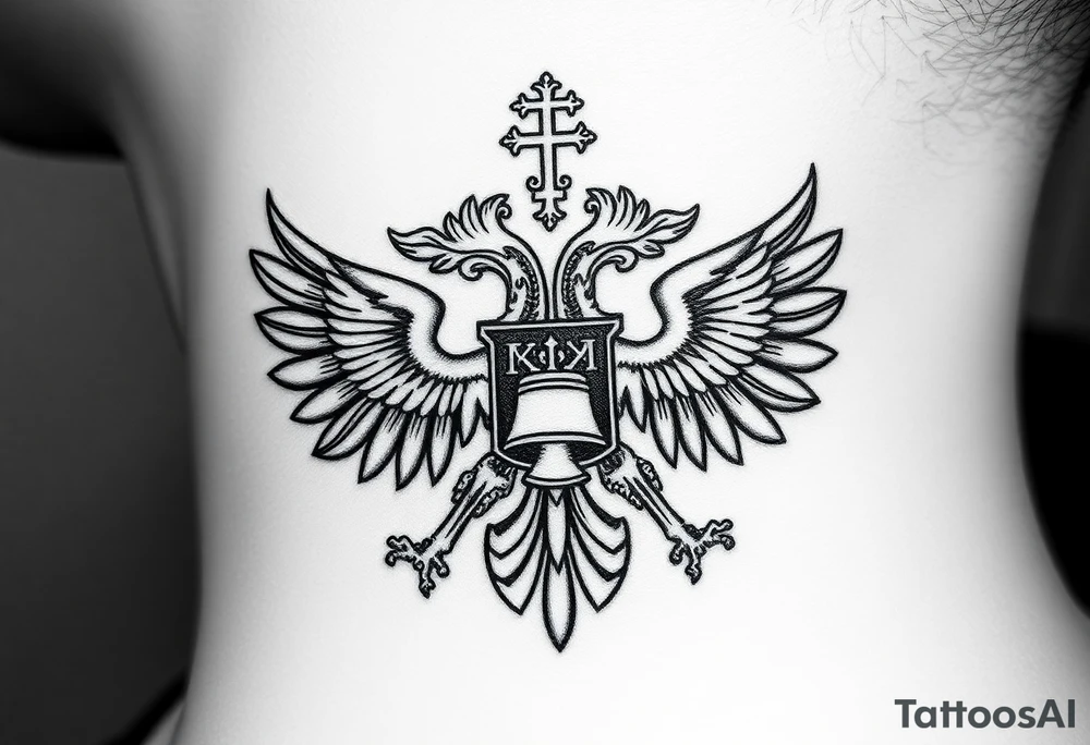 Russian coat of arms with the 2 headed traditional eagles left foot holding a ak47 wand and on the other the tractional orthodox Christian bell with the cross on the top tattoo idea