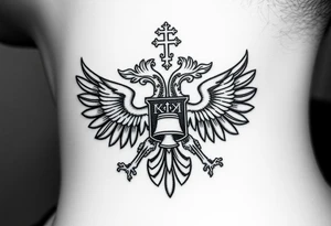 Russian coat of arms with the 2 headed traditional eagles left foot holding a ak47 wand and on the other the tractional orthodox Christian bell with the cross on the top tattoo idea