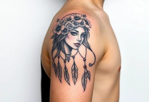 Half sleeve on arm. I already have a girl with flower crown in my shoulder and upper outer arm. Add a dream catcher and Catrina face. Use black and red ink. tattoo idea