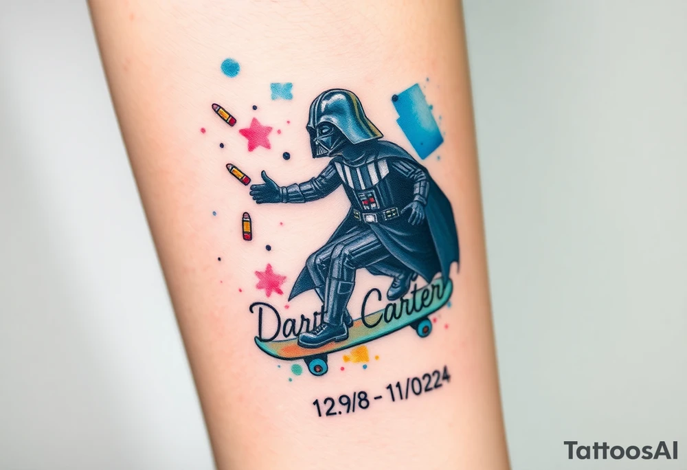 Darth Vader skateboarding > memorial in heaven > bullets
colorful
skateboard words "Darth Carter"
add date 12/29/88-01/06/24 tattoo idea