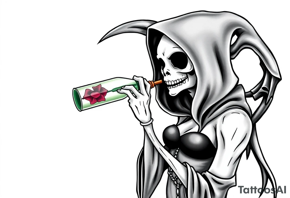 Sexy  xxx Female grim. Reaper drinking her
 death poison bottle tattoo idea