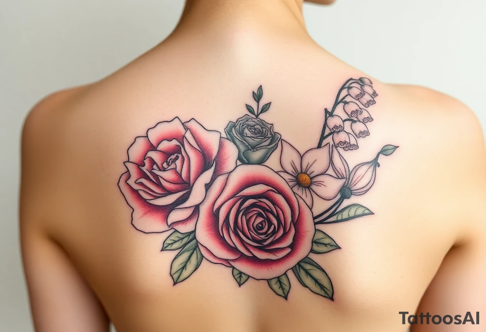 Bouquet of flowers with a carnation, rose, Lily of the valley, delphinium with stems Starting upper middle back to right shoulder tattoo idea