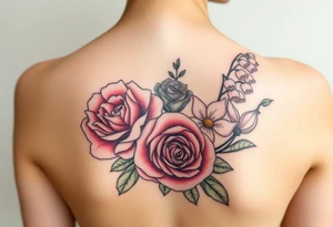 Bouquet of flowers with a carnation, rose, Lily of the valley, delphinium with stems Starting upper middle back to right shoulder tattoo idea