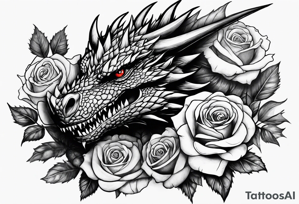 Drogon's face above some roses and thorns tattoo idea
