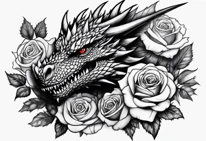 Drogon's face above some roses and thorns tattoo idea