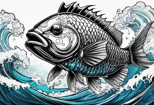 "A large aggressive looking fish riding in war machine, with bold lines tattoo idea