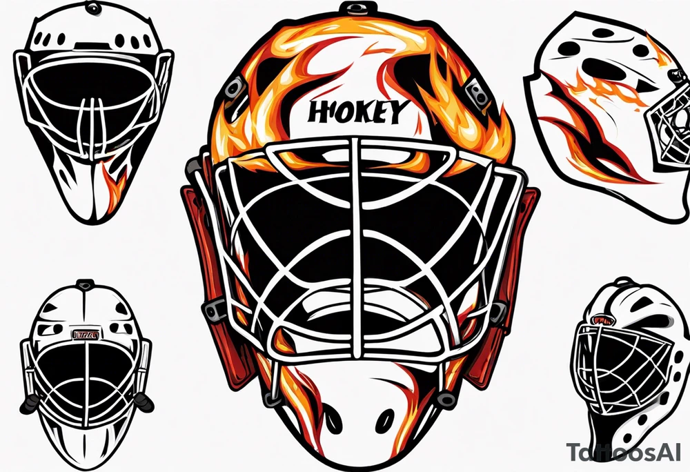a goalie mask with crossed hockey sticks and flames "SHOT HOCKEY" tattoo idea