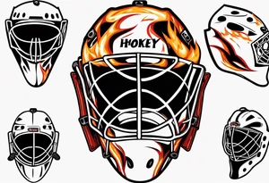 a goalie mask with crossed hockey sticks and flames "SHOT HOCKEY" tattoo idea