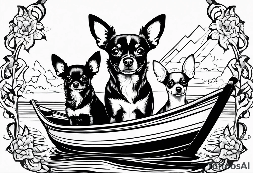 two dogs in a boat. One dog is a chihuahua with big ears. tattoo idea