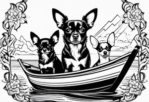 two dogs in a boat. One dog is a chihuahua with big ears. tattoo idea