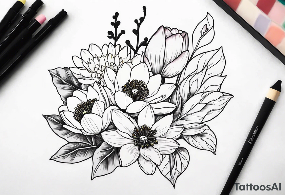 Poppy, water lily, Lily of the valley, flower bouquet, portrait style tattoo idea
