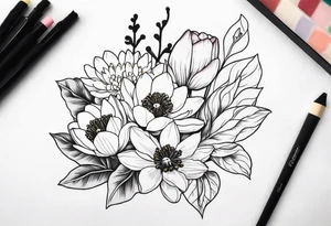Poppy, water lily, Lily of the valley, flower bouquet, portrait style tattoo idea
