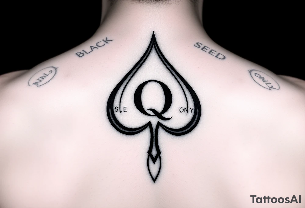 A spade womb tattoo with a Q in the center, with three points around the outside. The first reading, "BLACK". The second reading, "SEED". The third reading, "ONLY". A wiggling tail at the bottom of the spade. tattoo idea