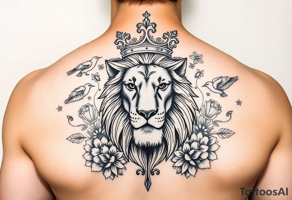 powerful majestic lion with a crown, surrounded by floral ornaments and birds tattoo idea