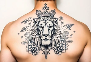 powerful majestic lion with a crown, surrounded by floral ornaments and birds tattoo idea