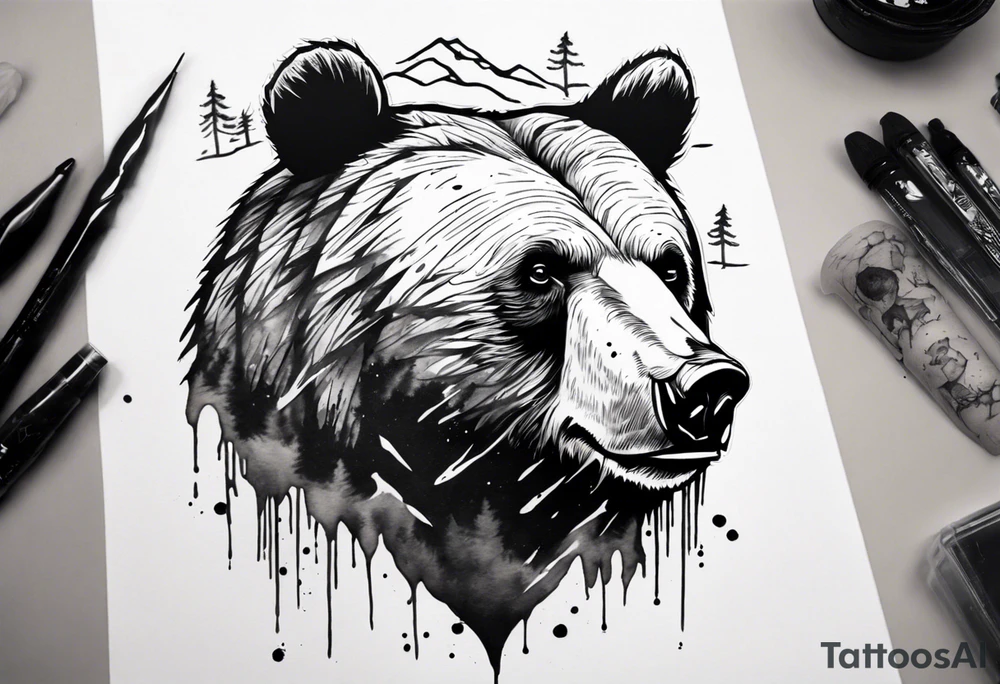 bear head right above the forest line with a lake below, full arm sleeve tattoo tattoo idea