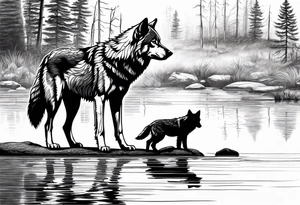 adult wolf standing alone at edge of water seeing a wolf pup as his reflection tattoo idea